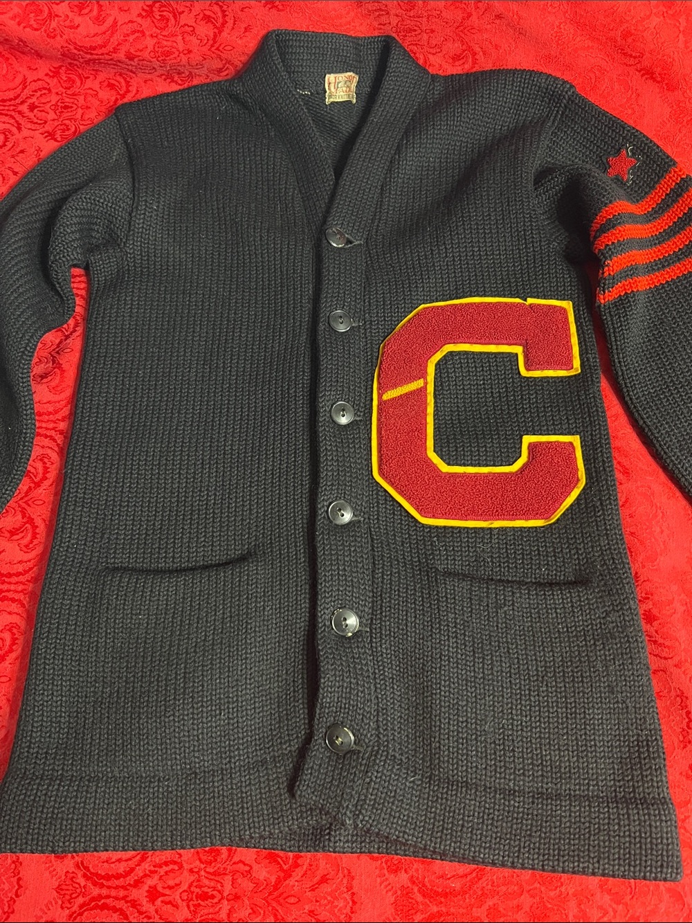 Vintage 1930s-1950s Honor Knitting Mills USA Black Varsity Cardigan Red C Patch